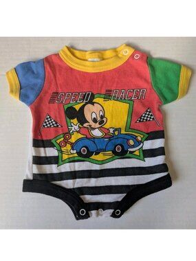 Vintage Disney Babies Mickey Mouse Speed Racer Romper Bodysuit 0-6M 80s 90s Baby